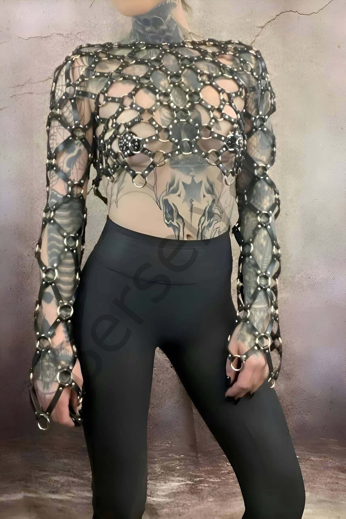 Çapraz Tasarım Uzun Kollu Deri Crop Bağlamalı Büstiyer Harness- Brf1076