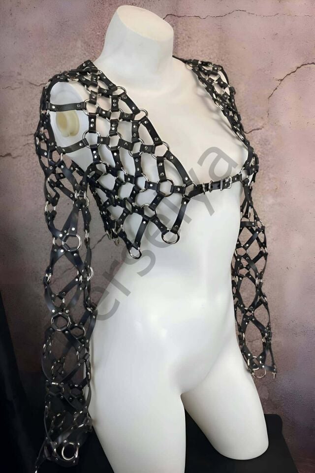 Çapraz Tasarım Uzun Kollu Deri Crop Bağlamalı Büstiyer Harness- Brf1076