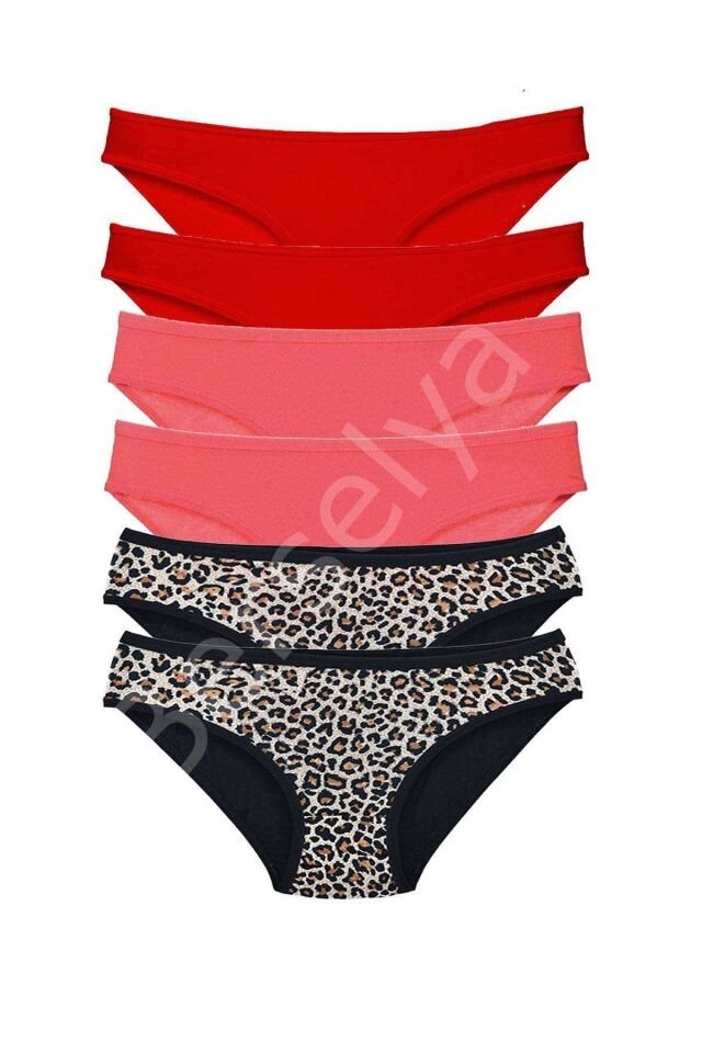 6 Adet Likralı Kadın Slip Külot Leopar Kırmızı Fuşya