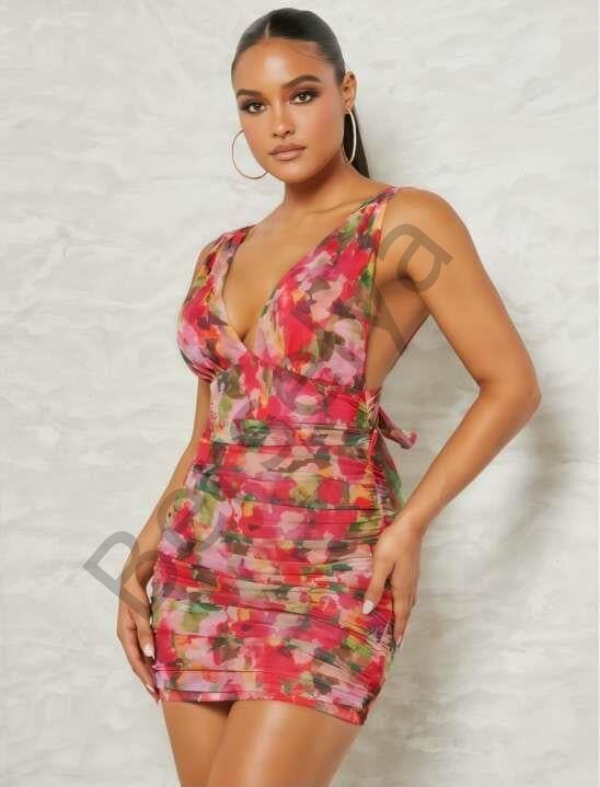 Çiçek Desenli Büzgülü Arkadan Bağlamalı Fantezi Elbise