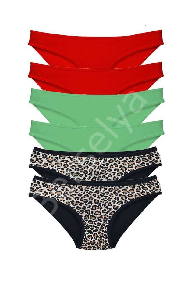 6 Adet Likralı Kadın Slip Külot Leopar Kırmızı Yeşil