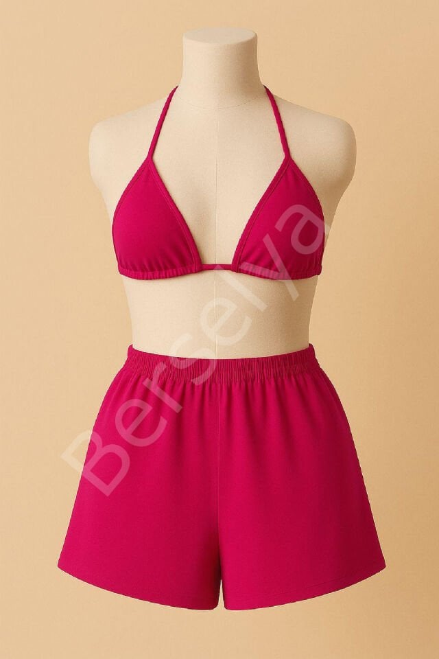 Kadın Fuşya Şortlu Belden Ve Boyundan Bağlamalı Bikini Takımı