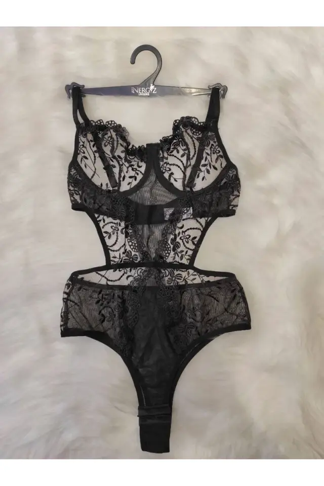 Kadın Siyah Transparan Dantel Detaylı Bodysuit Seksi Brode İç Çamaşırı