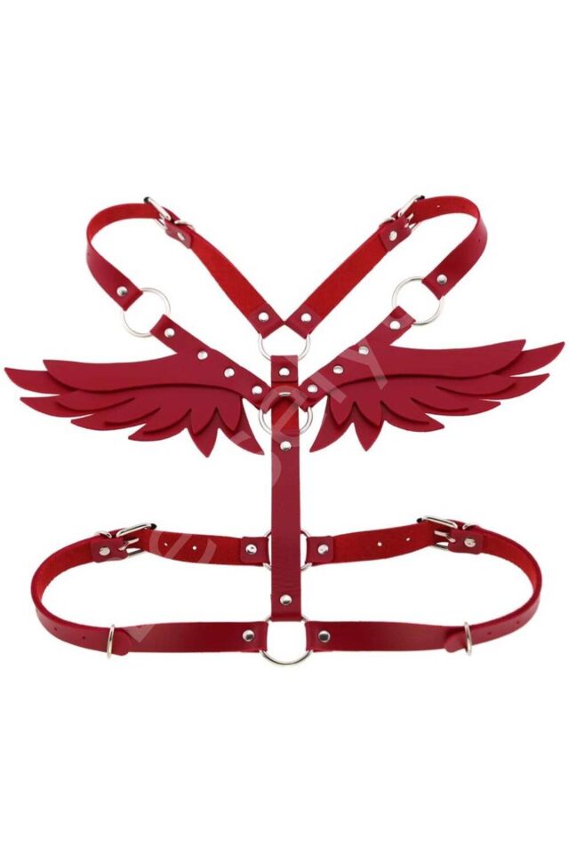 Kırmızı Sırtı Kelebek Motifli Deri Harness İç Giyim 700893