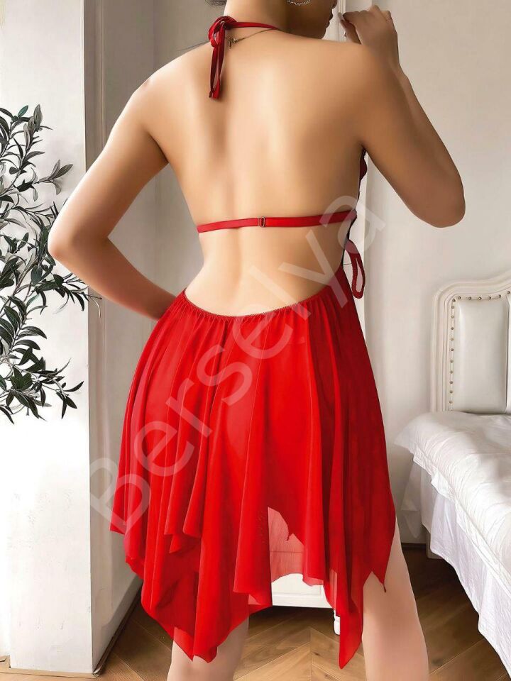 Göğüs Kelebek Detaylı Fantezi Tül Kırmızı Gecelik