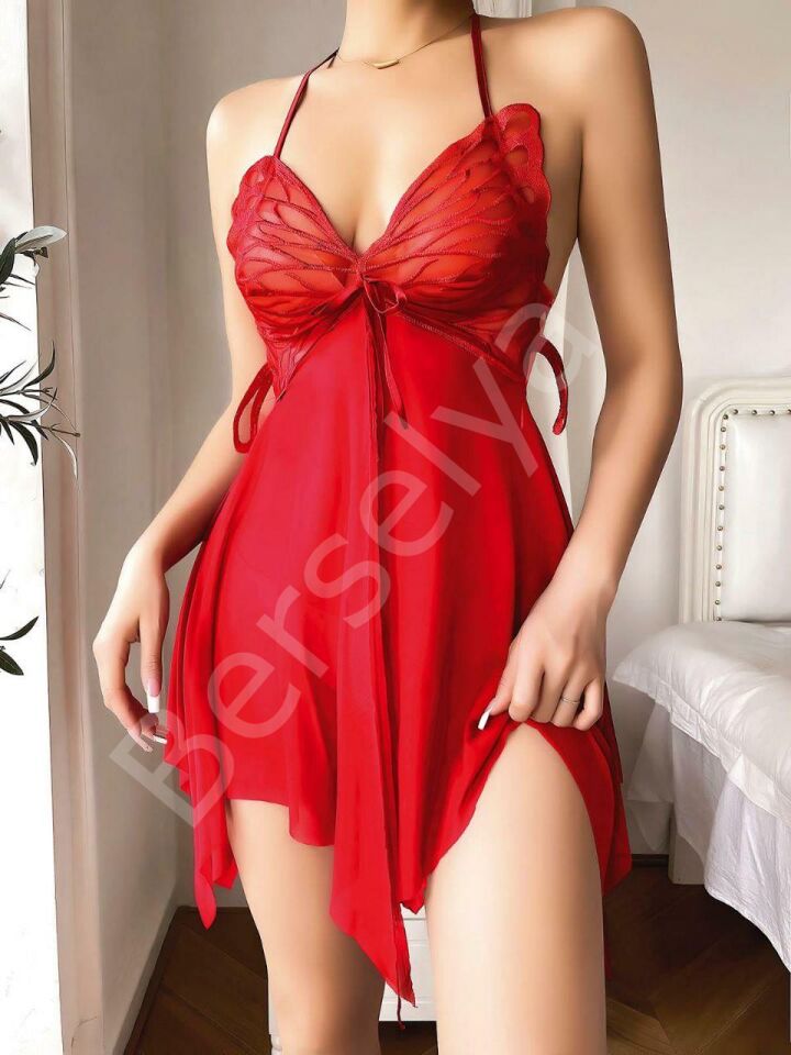 Göğüs Kelebek Detaylı Fantezi Tül Kırmızı Gecelik