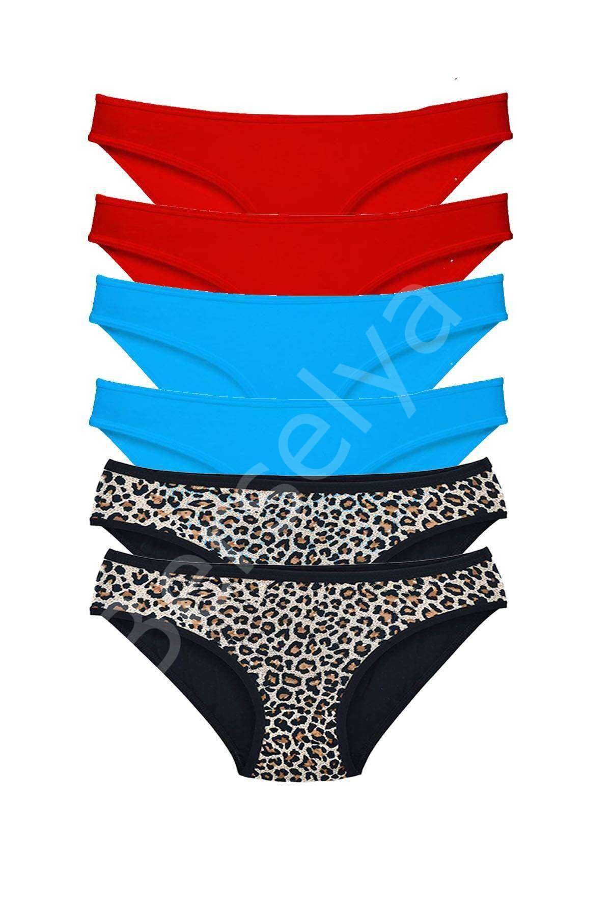 6 Adet Likralı Kadın Slip Külot Leopar Kırmızı Mavi
