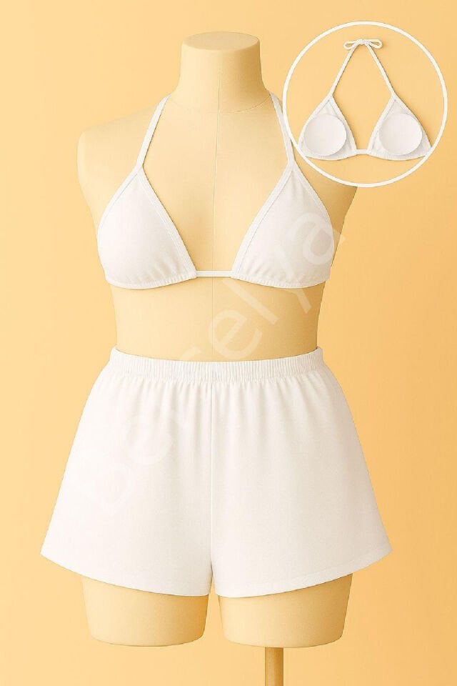 Kadın Beyaz Şortlu Belden Ve Boyundan Bağlamalı Bikini Takımı