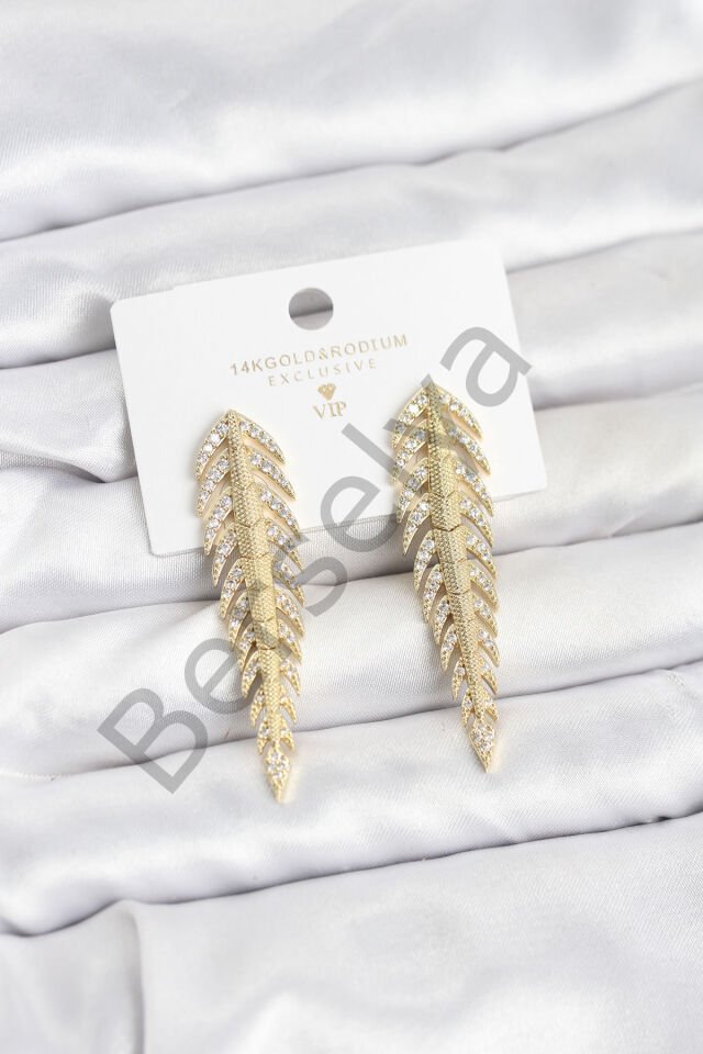 Pirinç Gold Renk Balık Sırtı Model Zirkon Taşlı Kadın Küpe