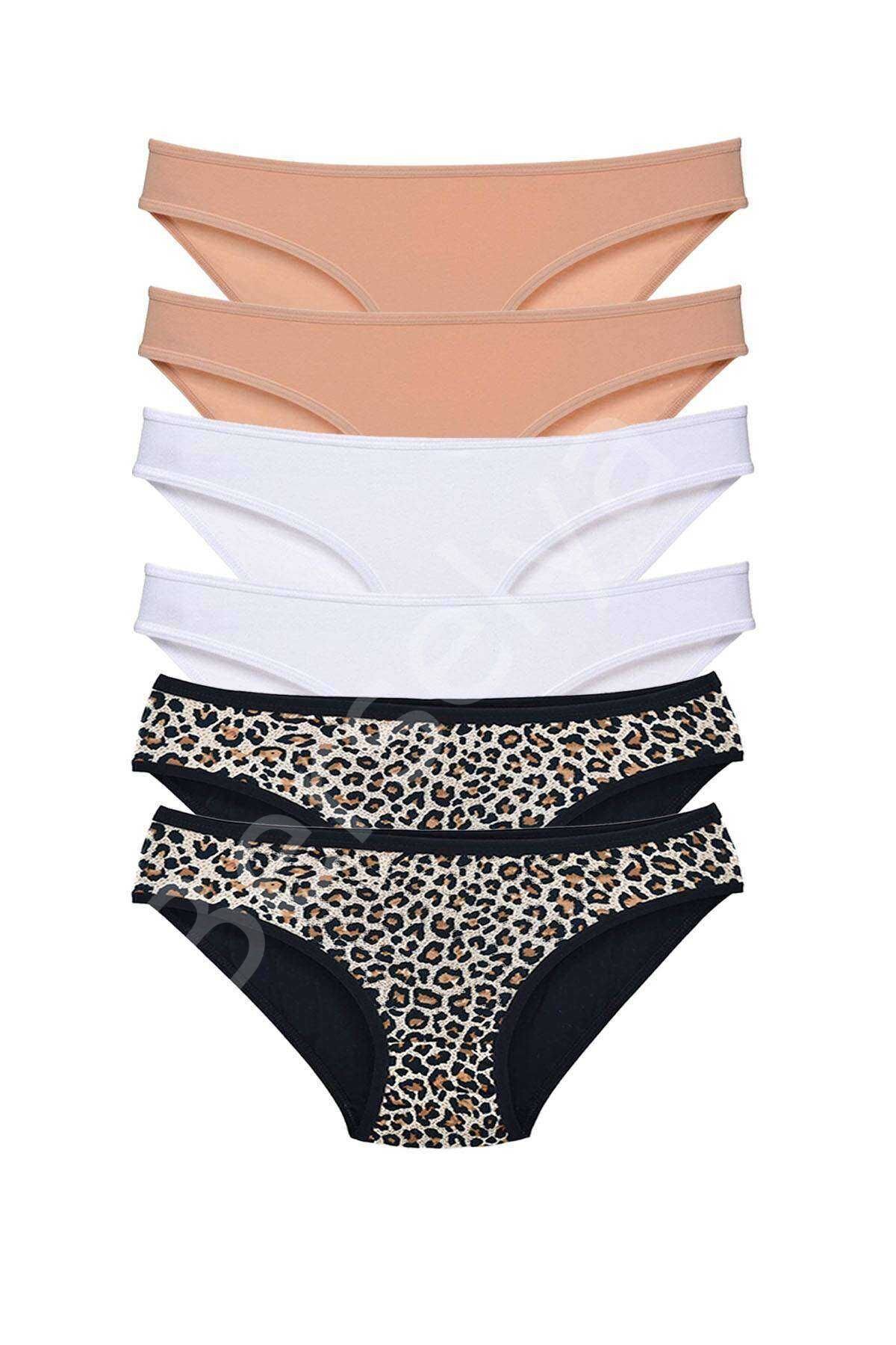6 Adet Likralı Kadın Slip Külot Leopar Ten Beyaz