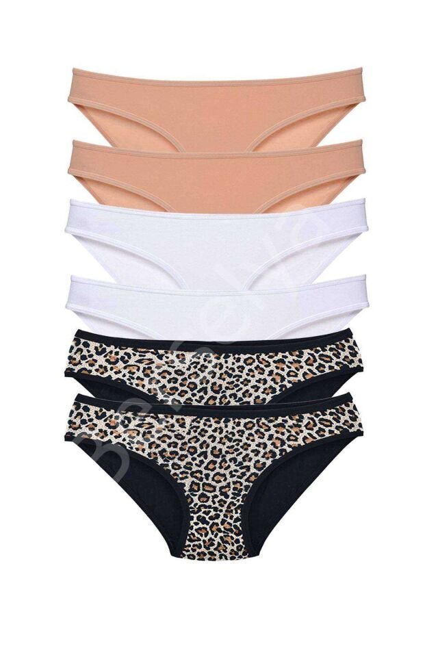 6 Adet Likralı Kadın Slip Külot Leopar Ten Beyaz