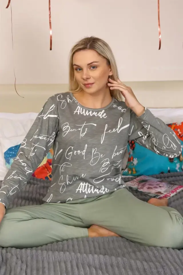 Kadın Uzun Kol Penye Pijama Takım Füme