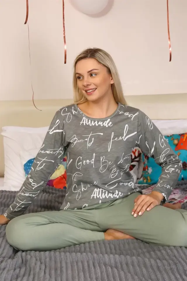 Kadın Uzun Kol Penye Pijama Takım Füme