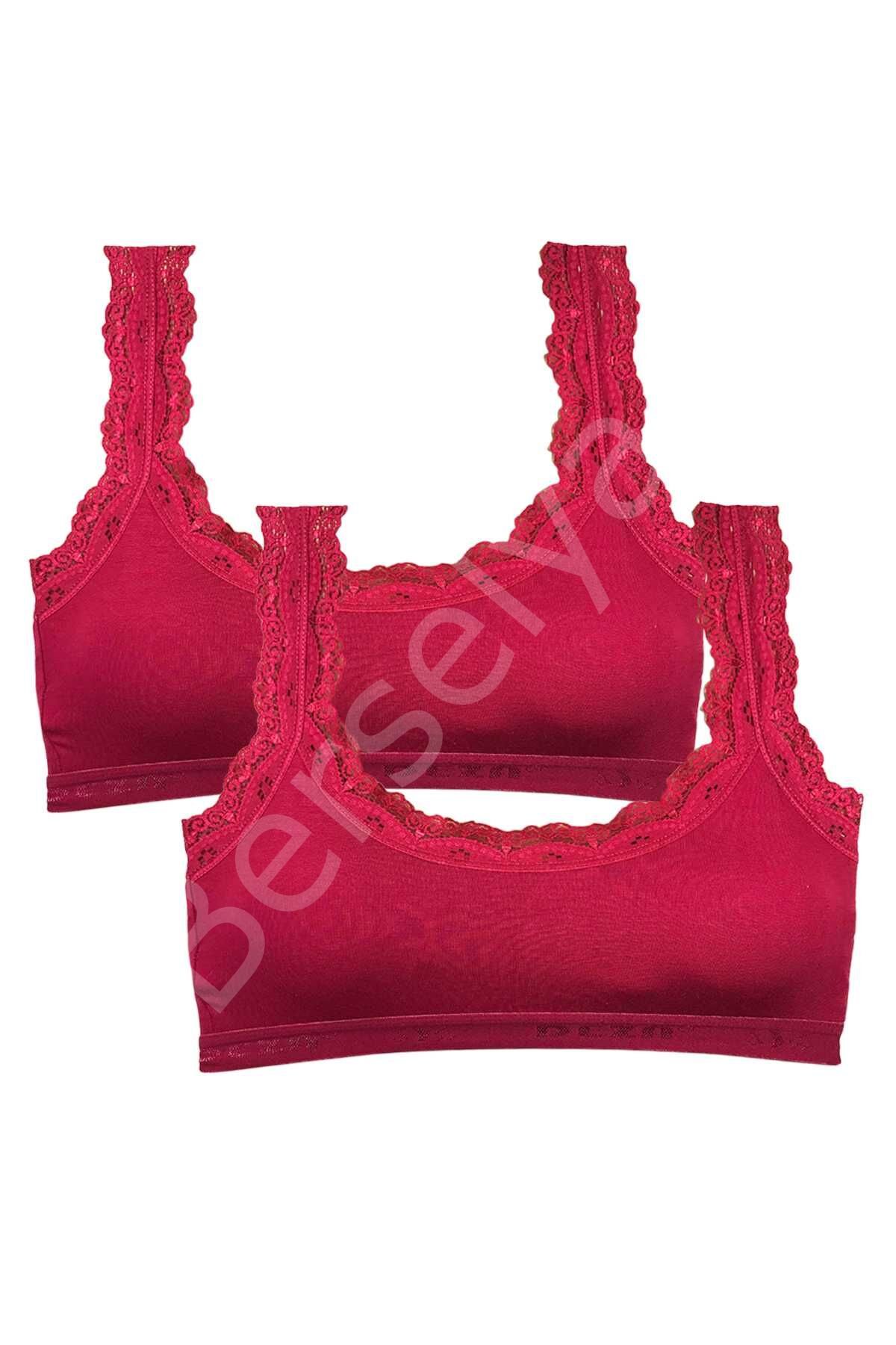 2 Adet Dantel Nakış İşlemeli Pedli Bambu Kadın Büstiyer Bordo