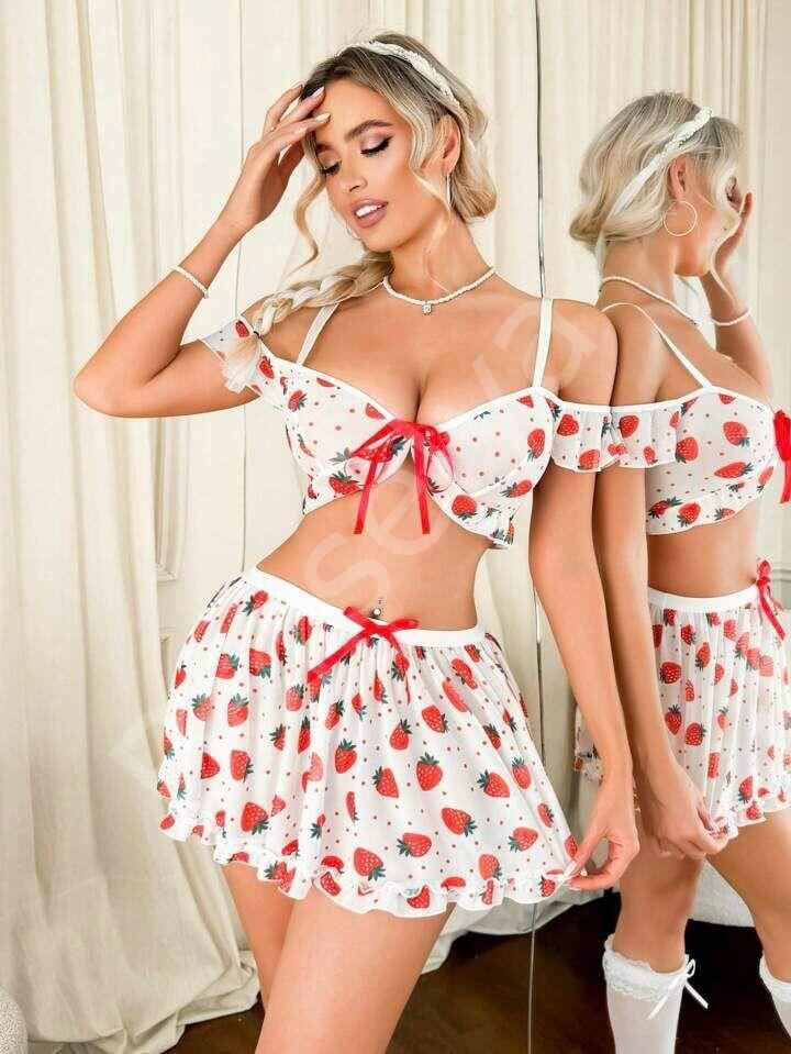 Kadın Çilek Desenli Fantezi Etekli Takım