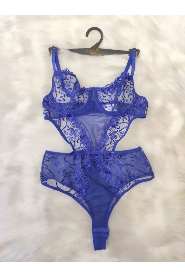 Kadın Saks Mavi Transparan Dantel Detaylı Bodysuit Seksi Brode İç Çamaşırı