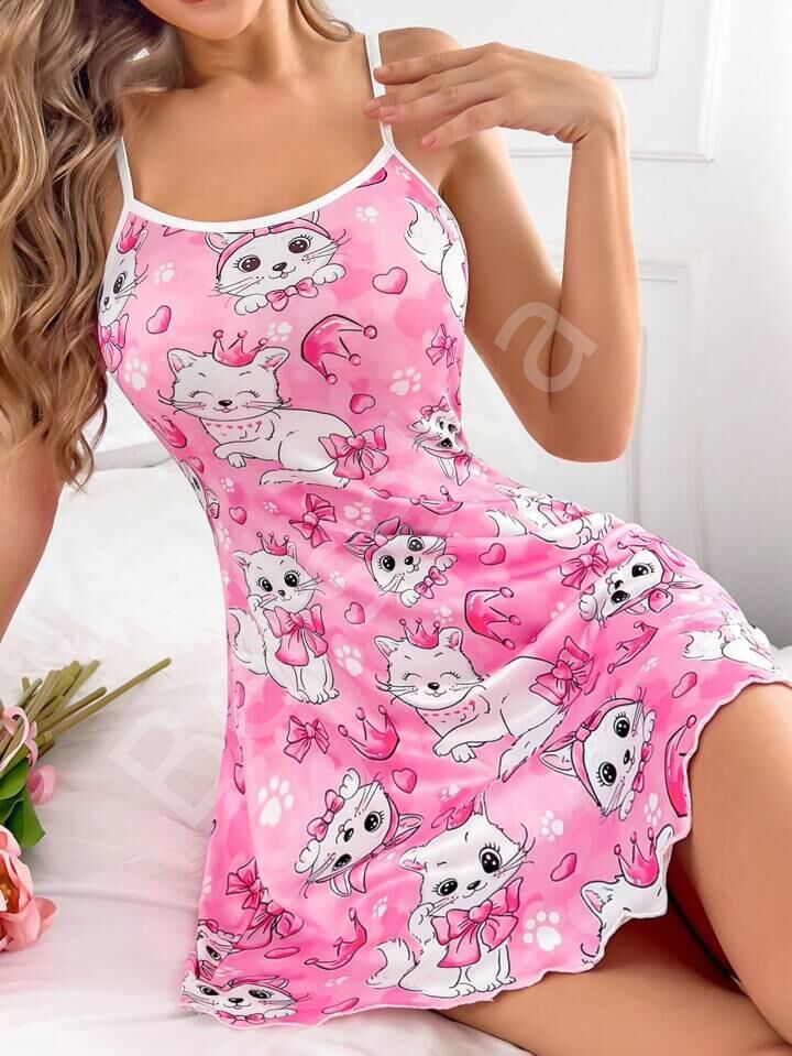 Kadın Pembe Kedi Desenli Gecelik