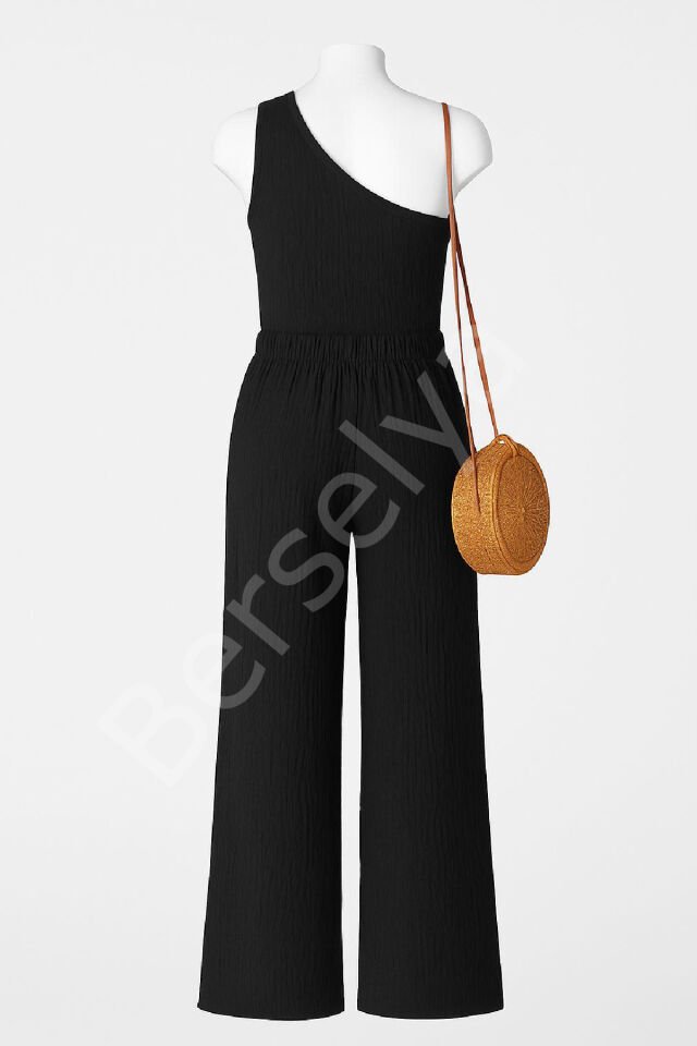 Kadın Siyah Tek Omuzlu Şık Bluz & Geniş Paça Pantolon İkili Takım