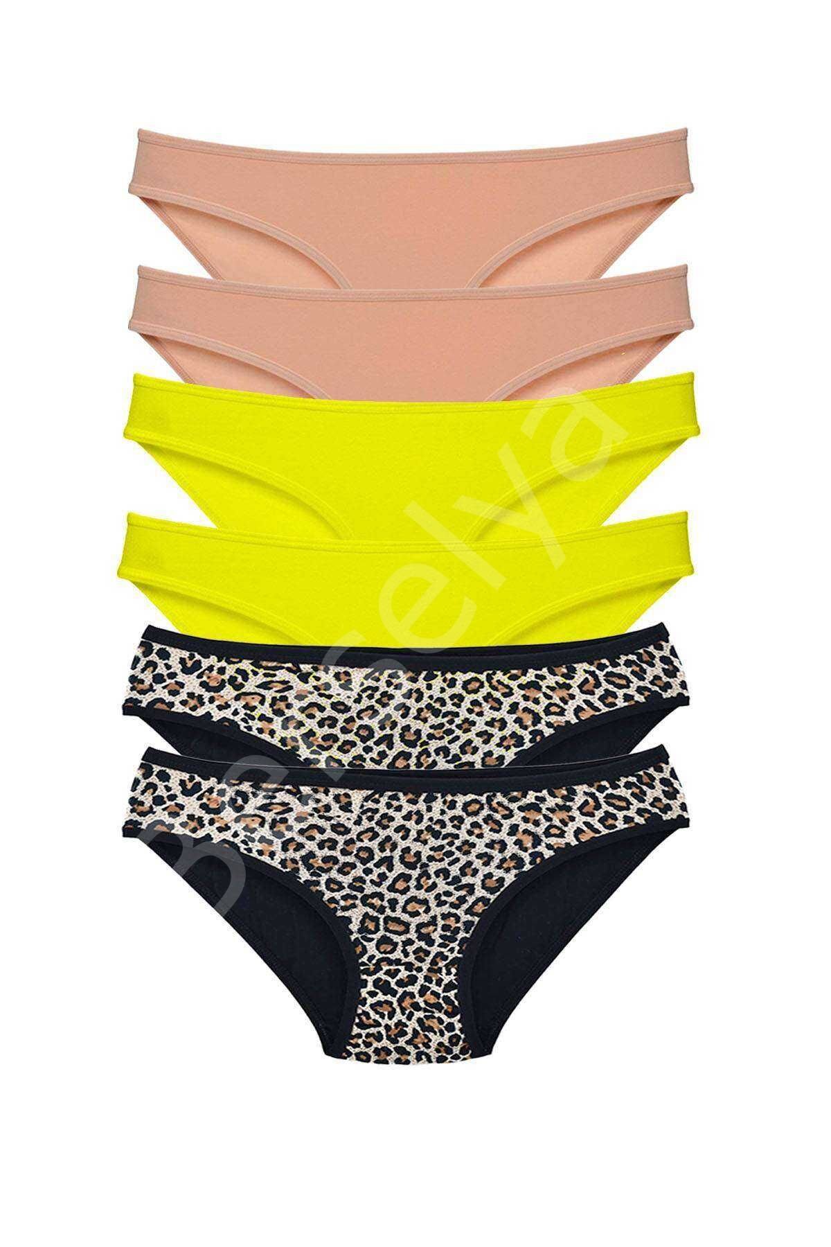 6 Adet Likralı Kadın Slip Külot Leopar Ten Sarı