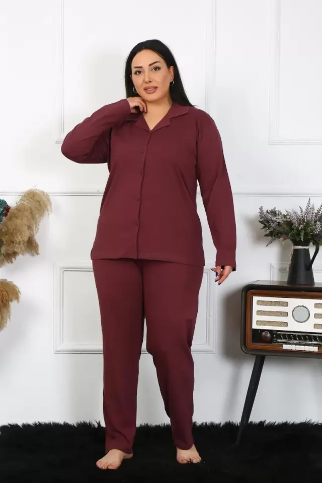 Kadın Büyük Beden Pamuklu Cepli Düğmeli Mürdüm Pijama Takım