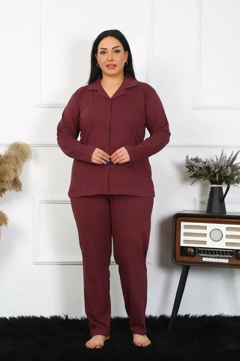 Kadın Büyük Beden Pamuklu Cepli Düğmeli Mürdüm Pijama Takım