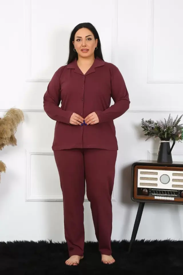 Kadın Büyük Beden Pamuklu Cepli Düğmeli Mürdüm Pijama Takım