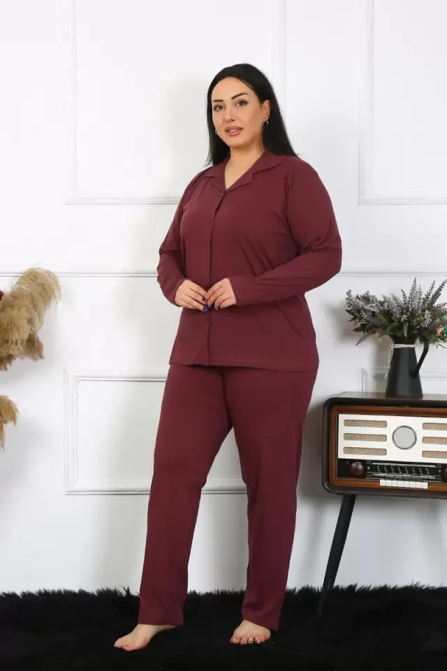 Kadın Büyük Beden Pamuklu Cepli Düğmeli Mürdüm Pijama Takım