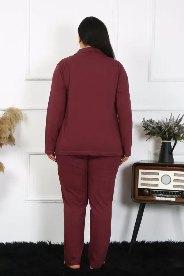 Kadın Büyük Beden Pamuklu Cepli Düğmeli Mürdüm Pijama Takım