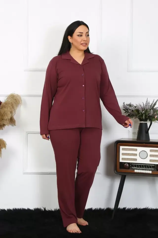 Kadın Büyük Beden Pamuklu Cepli Düğmeli Mürdüm Pijama Takım
