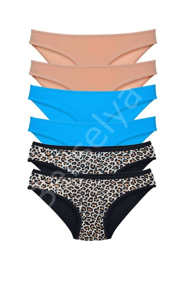 6 Adet Likralı Kadın Slip Külot Leopar Ten Mavi