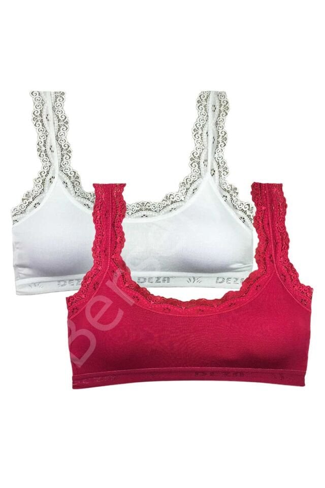2 Adet Dantel Nakış İşlemeli Pedli Bambu Kadın Büstiyer Beyaz Bordo
