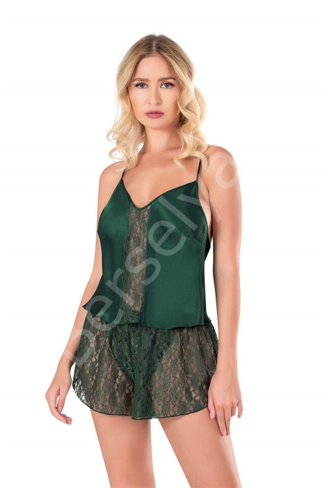 Koyu Yeşil Saten Babydoll Şort Takımı