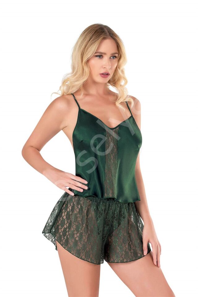 Koyu Yeşil Saten Babydoll Şort Takımı