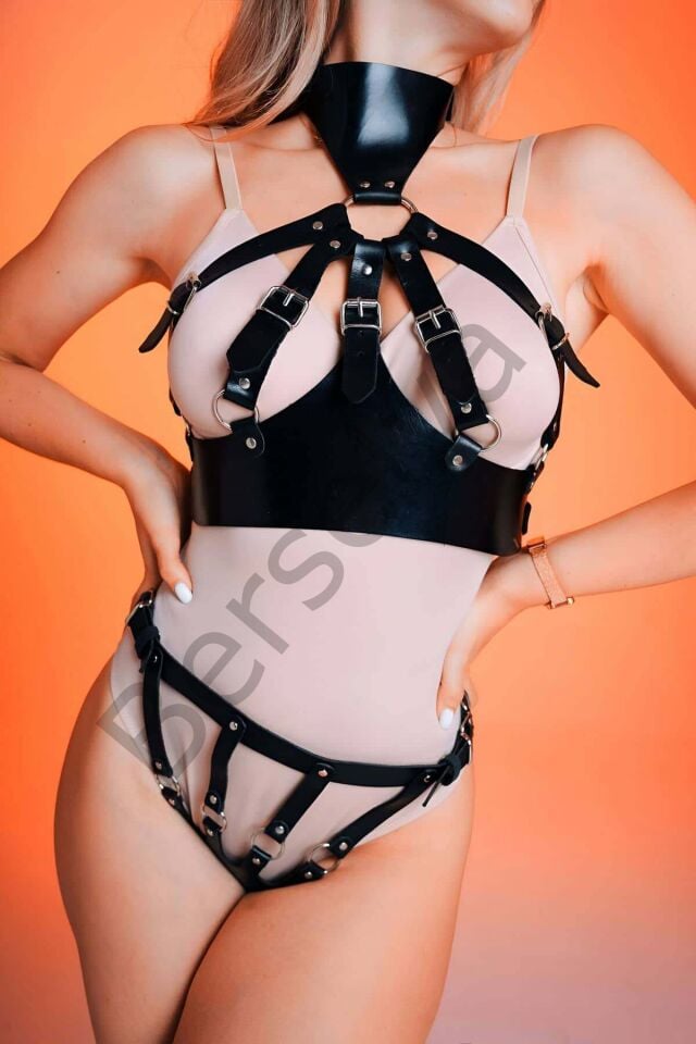 Fantazi Göğüs Dekolteli Arkası Açık Külot Takım Deri Harness - Brf1273