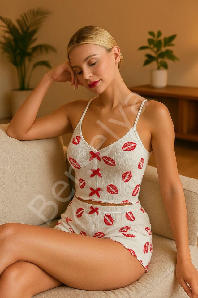 Kadın Dudak Desenli Şortlu Pijama Takımı