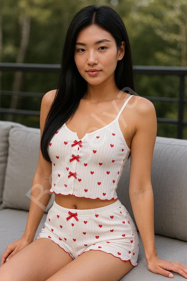 Kadın Kalp Desenli Şortlu Pijama Takımı