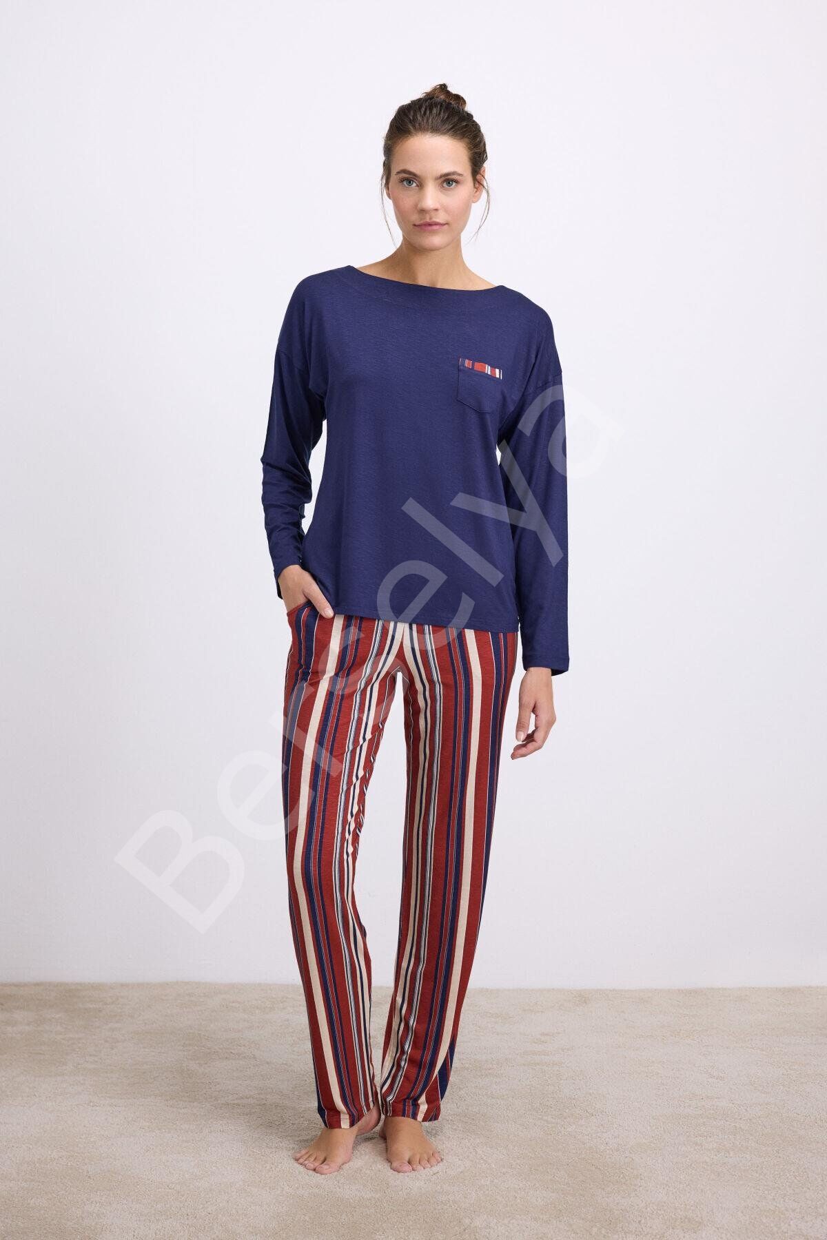 %100 Modal Lacivert Uzun Kollu T-shirt Ve Çizgili Pantolon Takımı