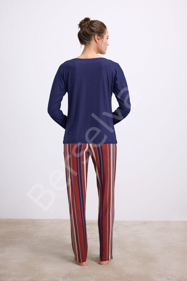 %100 Modal Lacivert Uzun Kollu T-shirt Ve Çizgili Pantolon Takımı