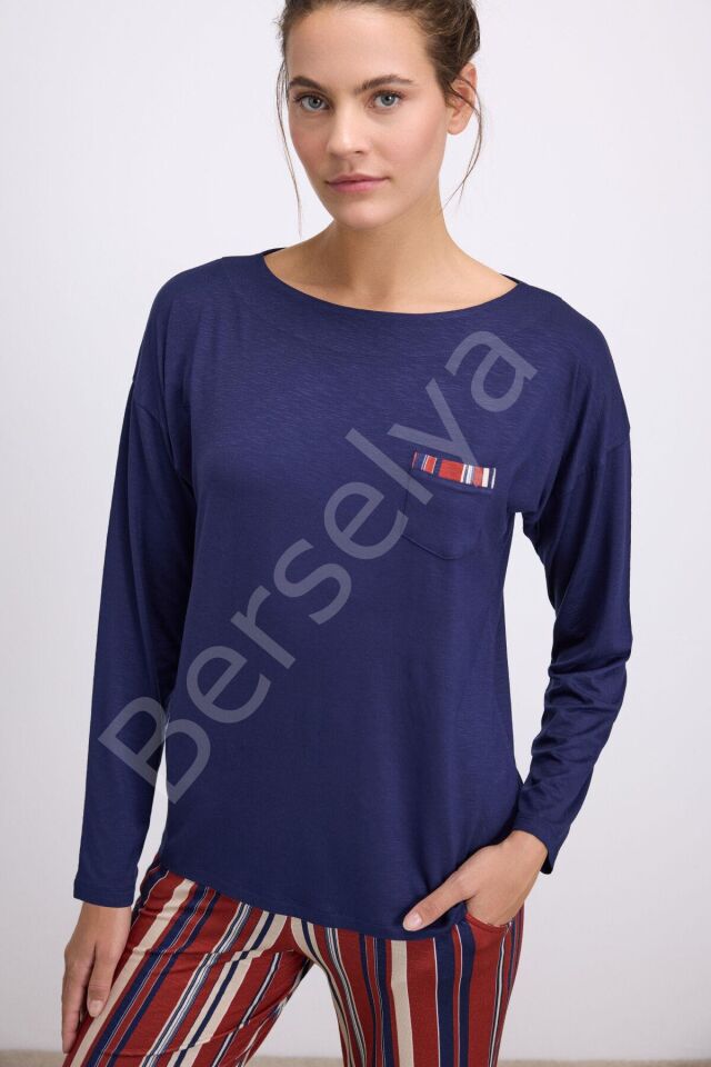 %100 Modal Lacivert Uzun Kollu T-shirt Ve Çizgili Pantolon Takımı