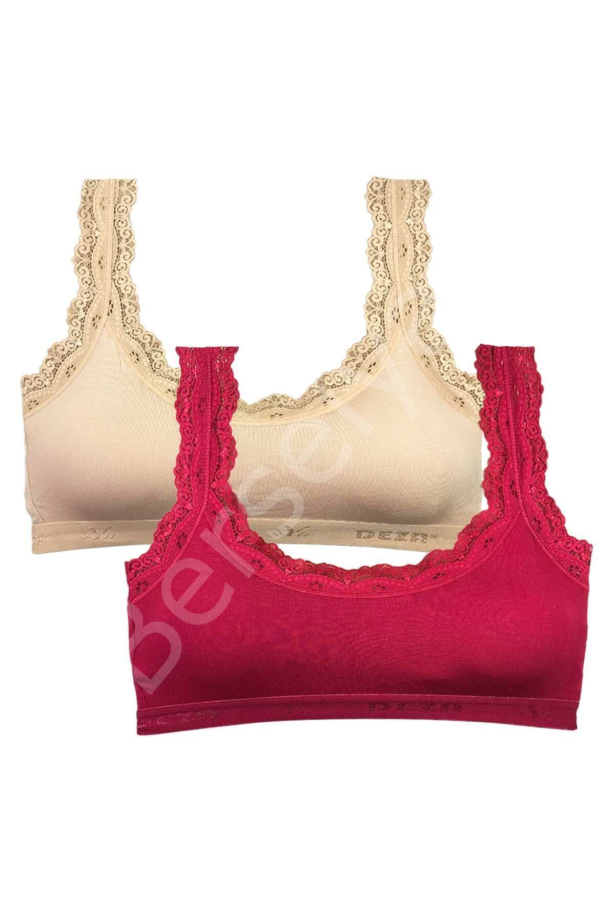 2 Adet Dantel Nakış İşlemeli Pedli Bambu Kadın Büstiyer Ten Bordo