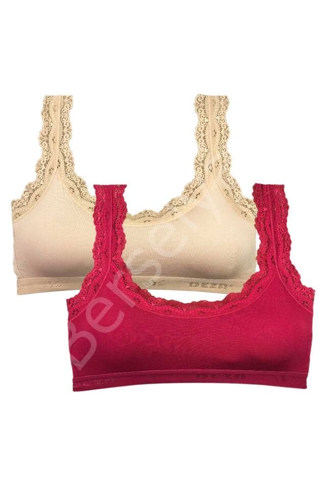 2 Adet Dantel Nakış İşlemeli Pedli Bambu Kadın Büstiyer Ten Bordo