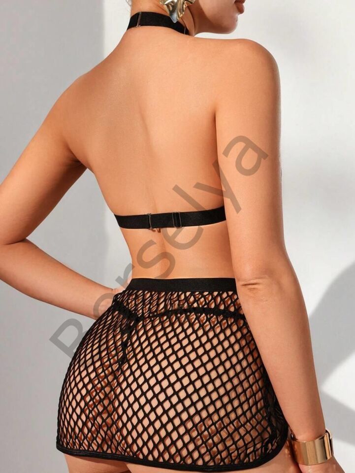 Deri Siyah Fileli Fantezi Sütyen Takımı
