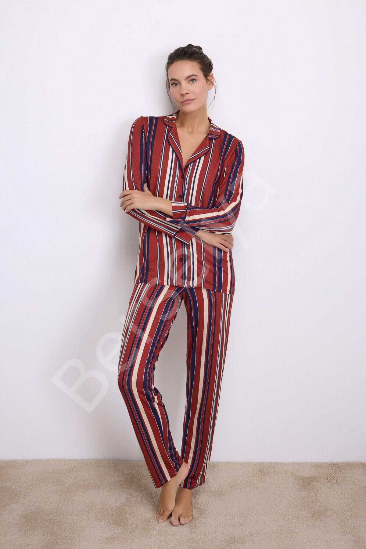 %100 Modal Uzun Kollu Düğmeli Çizgili Pijama Takımı