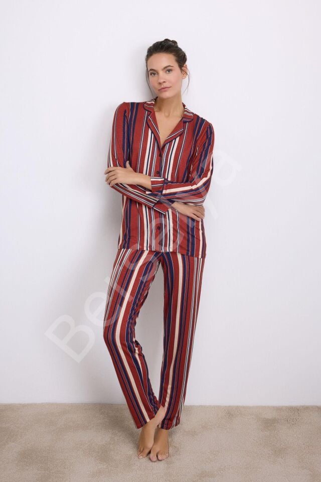 %100 Modal Uzun Kollu Düğmeli Çizgili Pijama Takımı