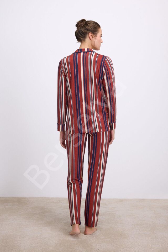 %100 Modal Uzun Kollu Düğmeli Çizgili Pijama Takımı