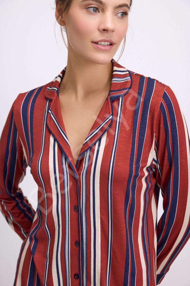 %100 Modal Uzun Kollu Düğmeli Çizgili Pijama Takımı
