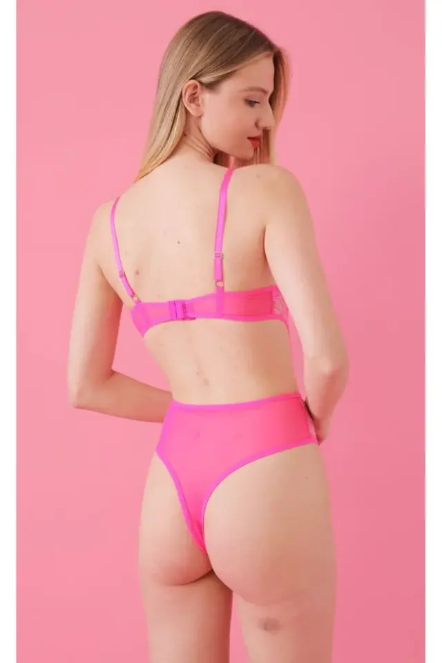 Kadın Neon Pembe Transparan Dantel Detaylı Bodysuit Seksi Brode İç Çamaşırı
