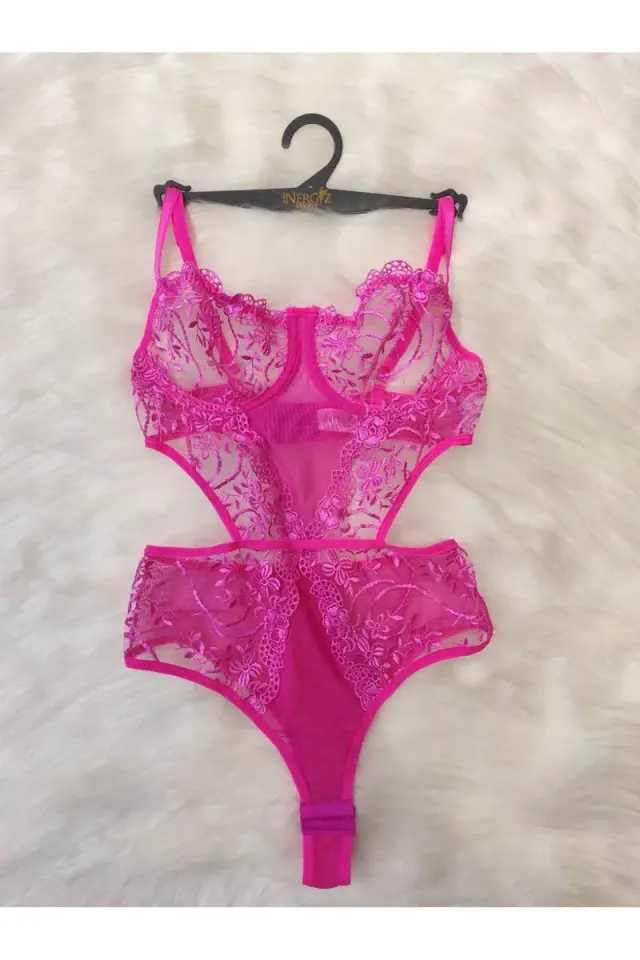 Kadın Neon Pembe Transparan Dantel Detaylı Bodysuit Seksi Brode İç Çamaşırı