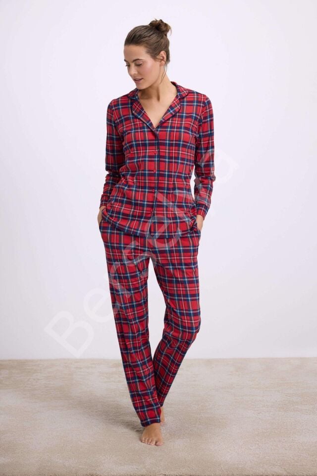 %100 Pamuklu Uzun Kol Düğmeli Gömlek Ve Ekose Pantolon Pijama Takımı