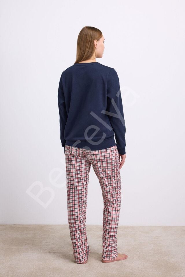 Rahat Ve Şık %100 Pamuklu Uzun Kol Sweatshirt Ve Ekose Pantolon Pijama Takımı